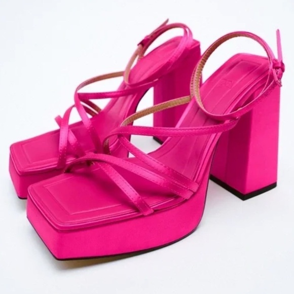 ZARA Shoes - Zara Fuchsia Strappy Heeled Platform Sandals Chunky Satin Pink Barbie